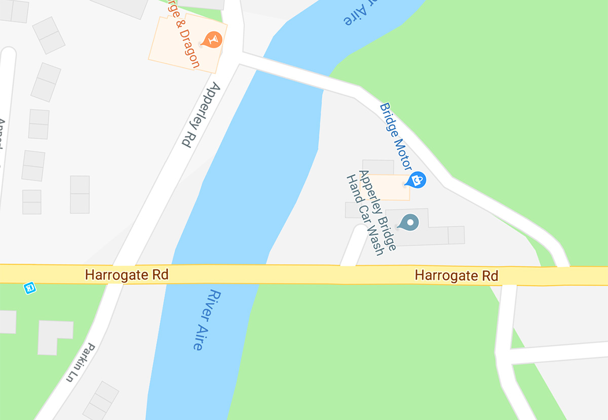 Screenshot of the road map from Google Maps, showing the area of Harrogate Road shown in the sign