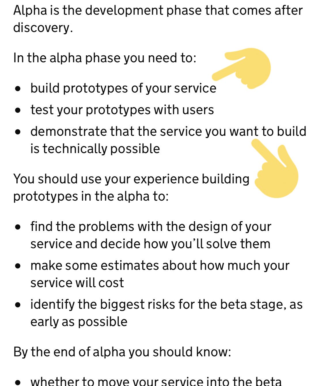 A grab from the gov.uk service manual, showing an opening section from the page on alpha