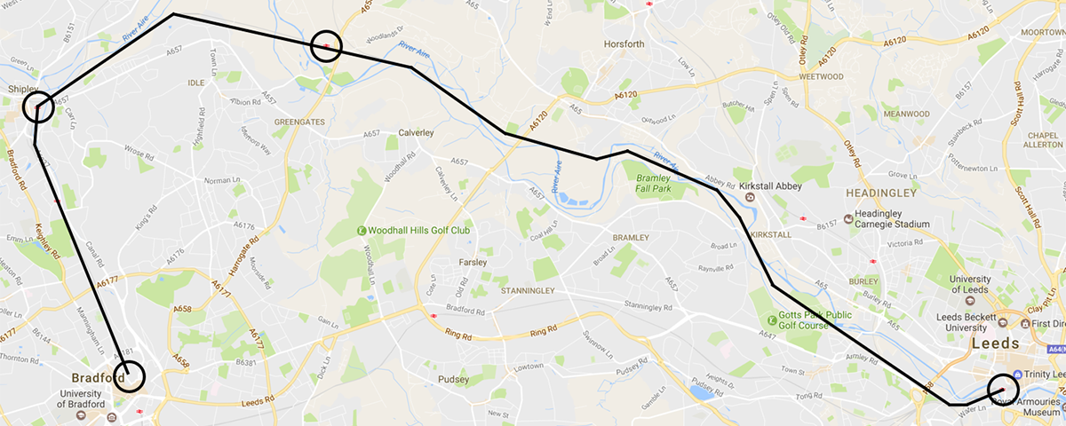 Map of Bradford Forster Square train station to Leeds train station