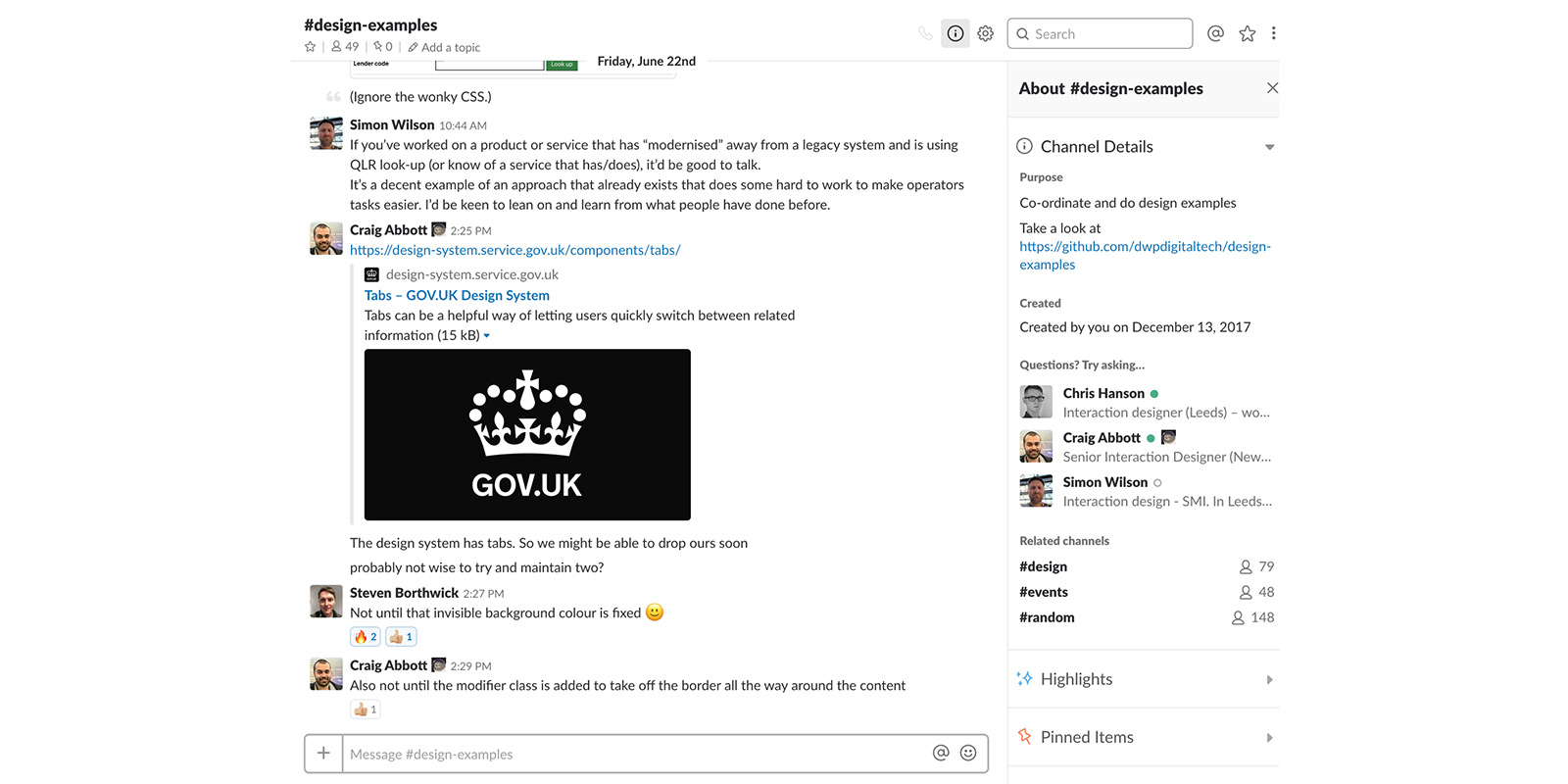 A screen grab of our design examples Slack channel