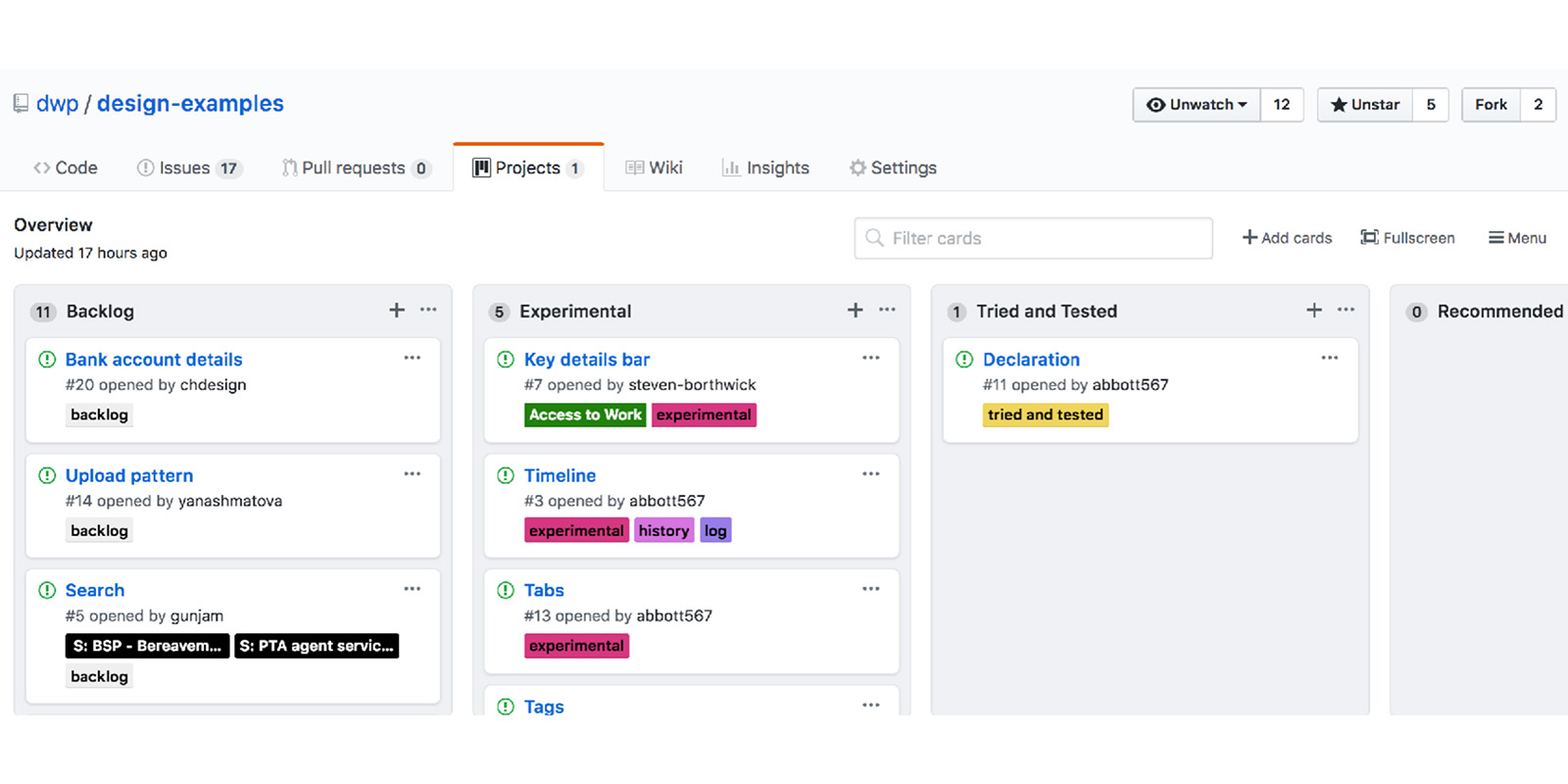 Another screen grab, this time of the Kanban board showing the status of the design example