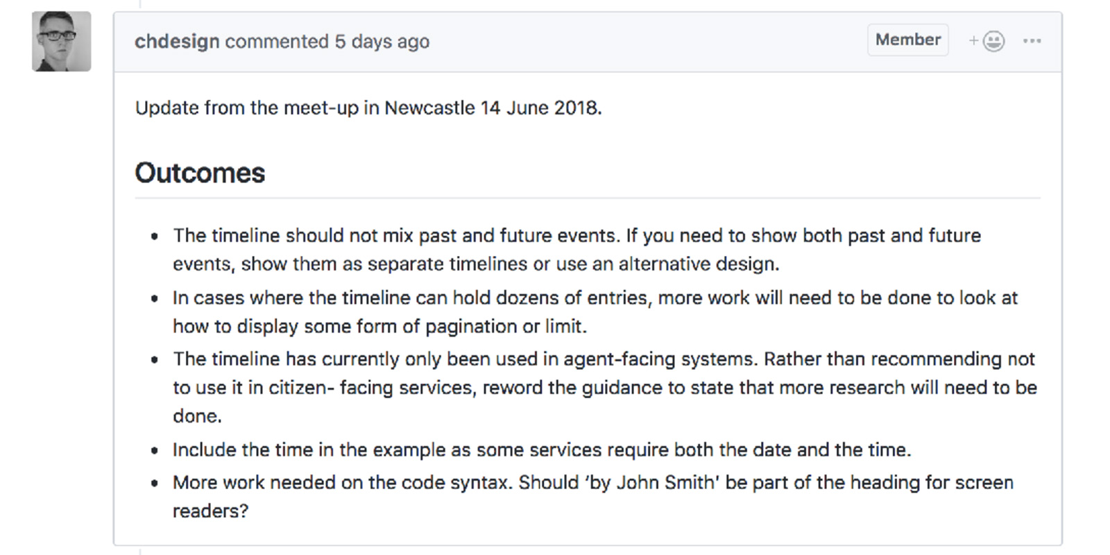 Another screen grab, this time of some outcomes from a meeting added to a card on a GitHub issue