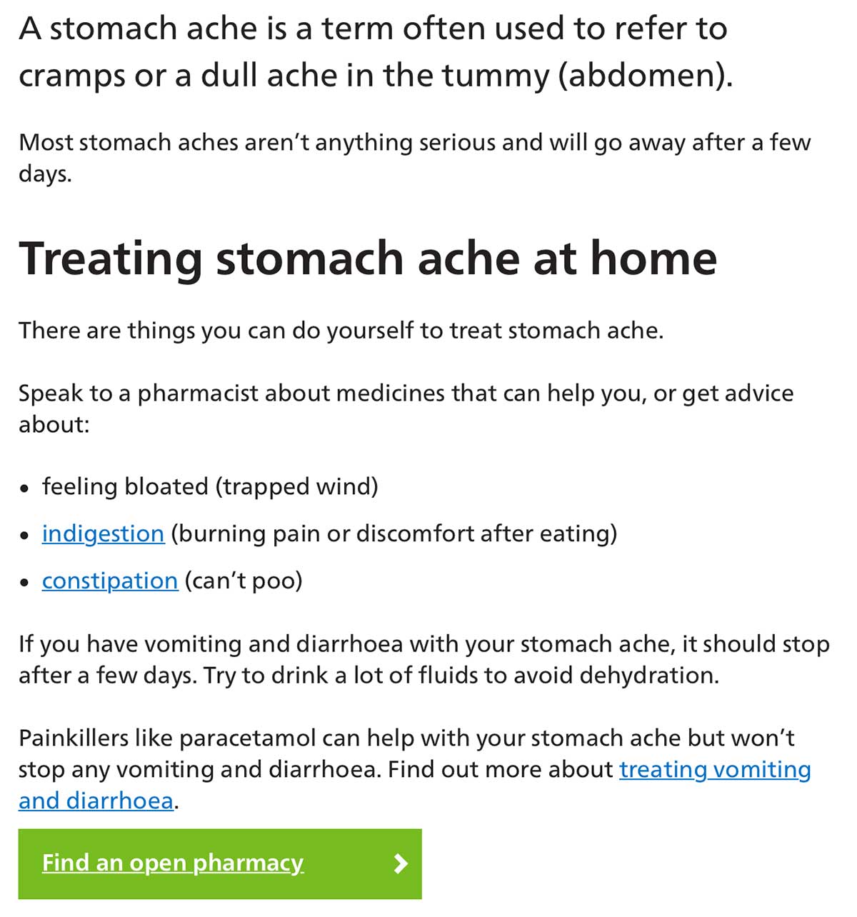 Screen grab of the stomach ache symptoms page